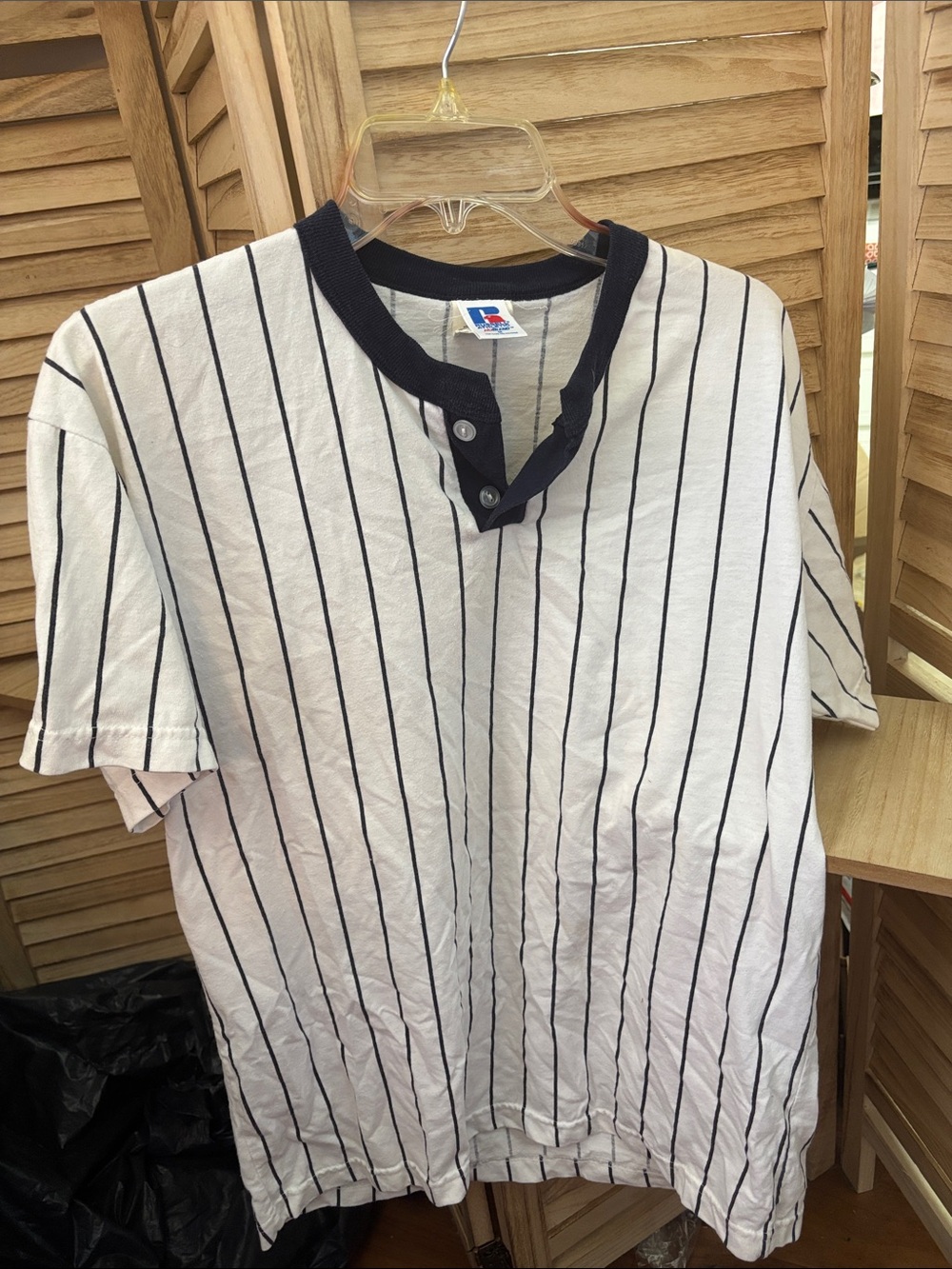 Russell Athletic White Henley with Pinstripes and Contrast Collar Medium